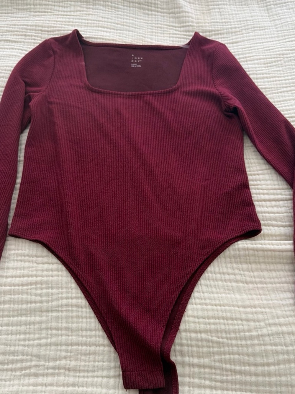 a new day women’s Ribbed Long Sleeve One-Piece Bodysuit in Burgundy